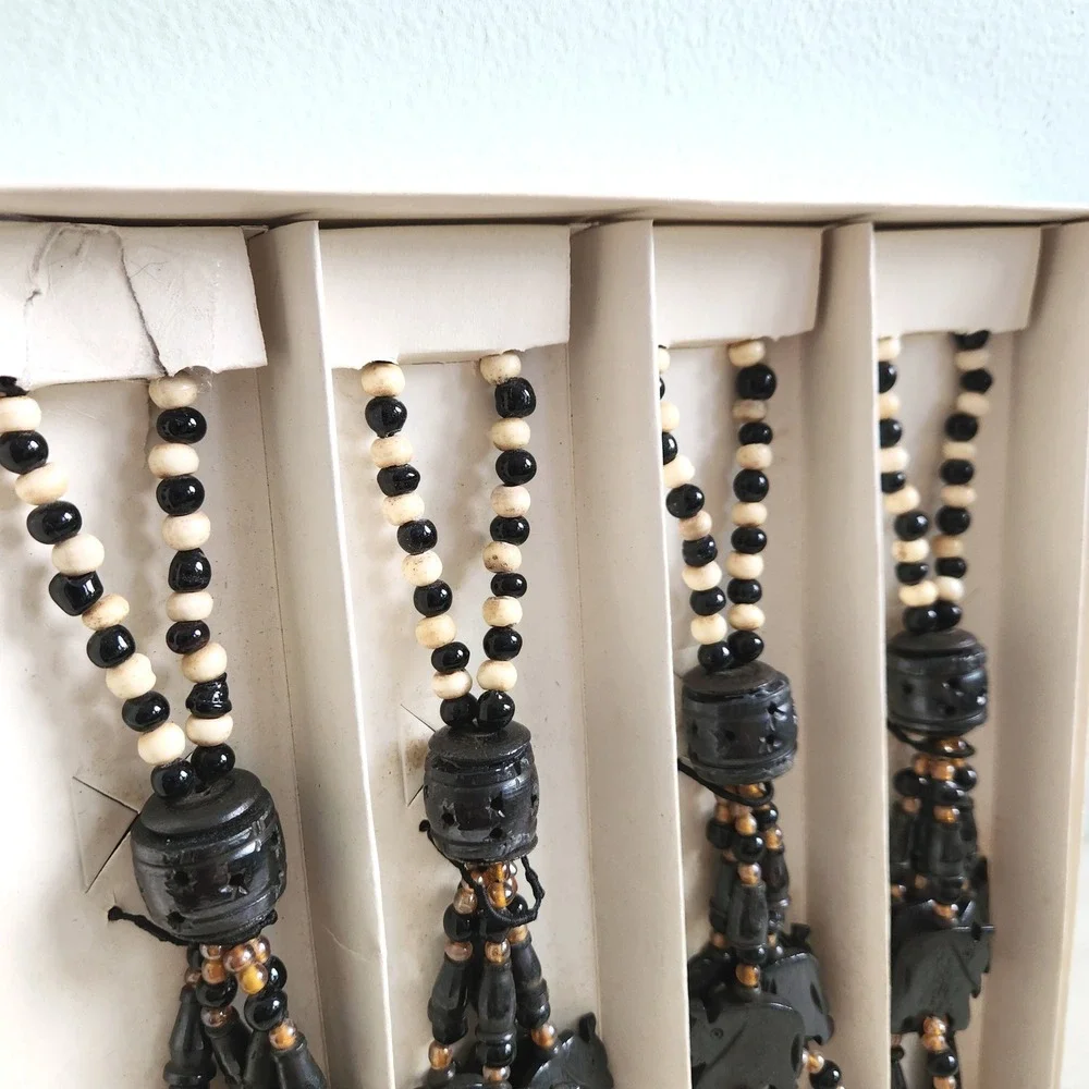 Vintage Pier 1 Imports Hand Carved Elephant Napkin Rings Set of 4 Black Beaded